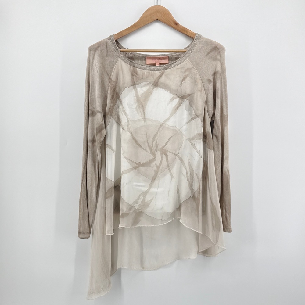 Scandal Italy 100% Silk Layered Tie Dye Tunic Top Beige Long Sleeve Medium